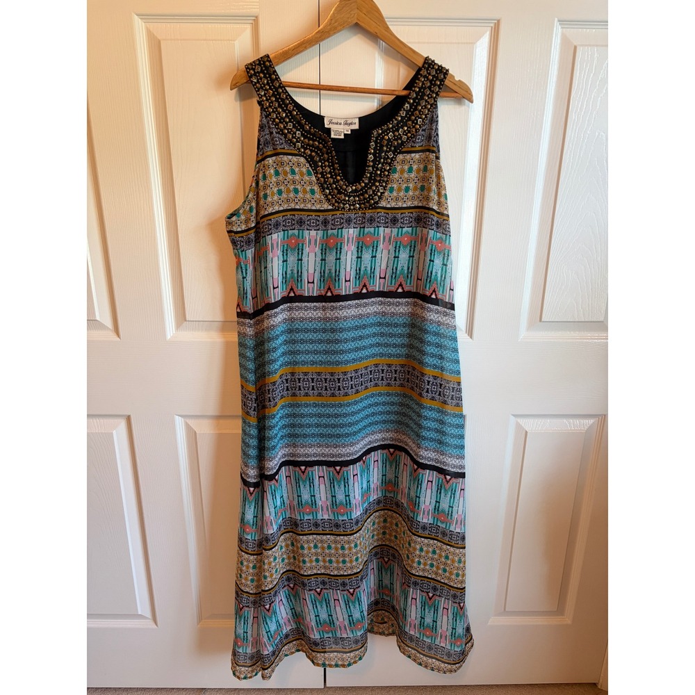 Jessica Taylor Womens 1X Studded V-Neck Geometric Print Sleeveless Maxi Dress